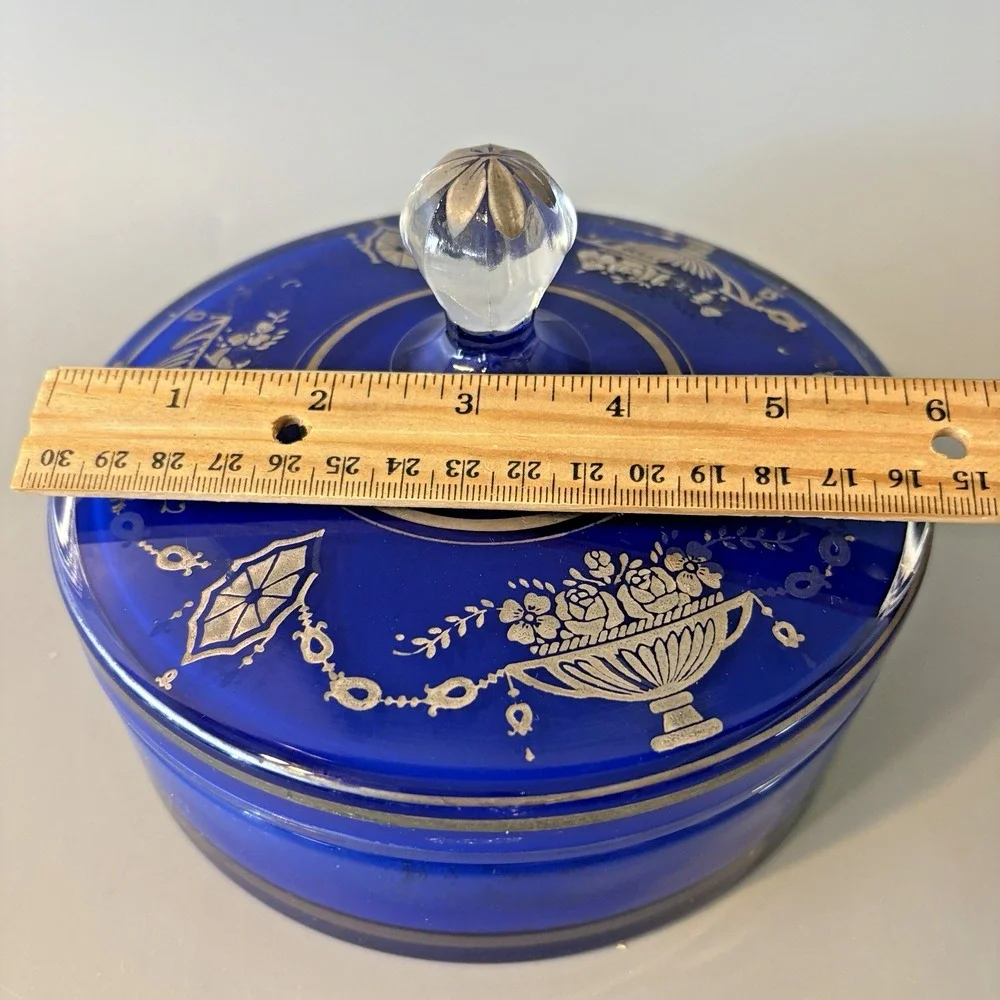 RARE Antique Cobalt Blue Round Glass Box Lidded Silver Accents 1930s Powder Puff